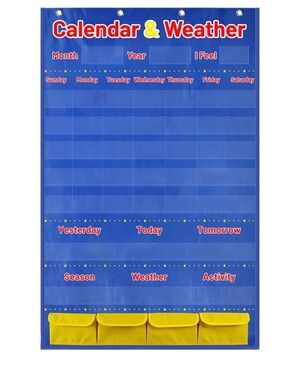 Blue Classroom Calendar & Weather Pocket Chart with Yellow Pockets